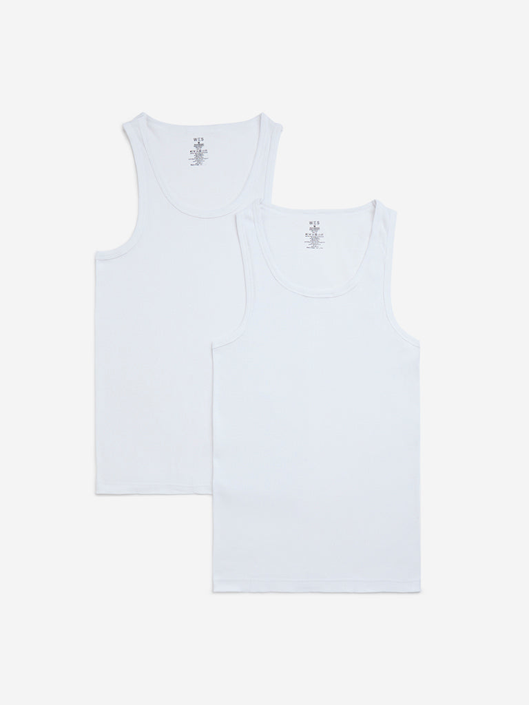 WES Lounge White Ribbed-Textured Cotton Vests - Pack of 2