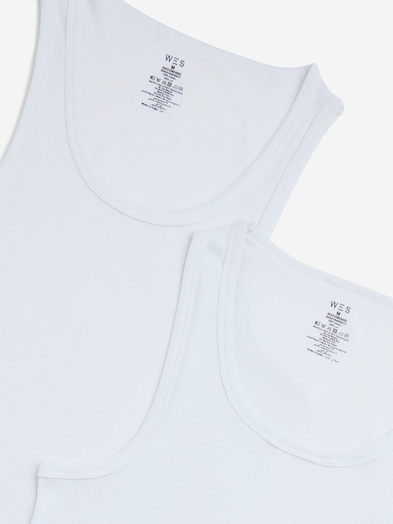 WES Lounge White Ribbed-Textured Cotton Vests - Pack of 2