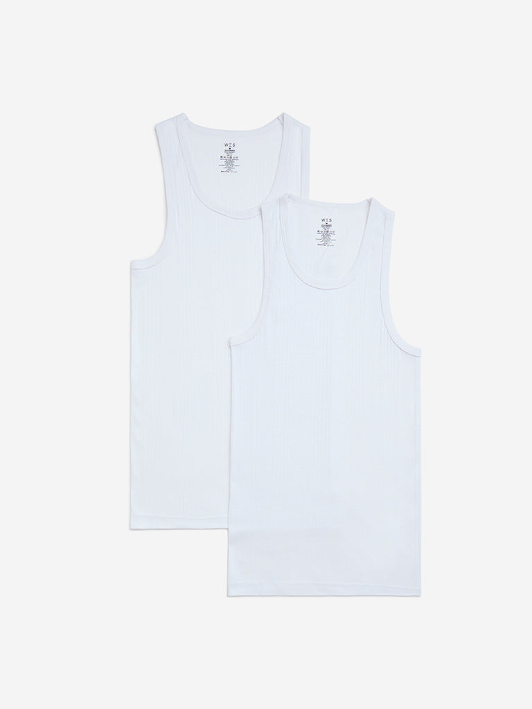 WES Lounge White Self-Textured Cotton Vests - Pack of 2