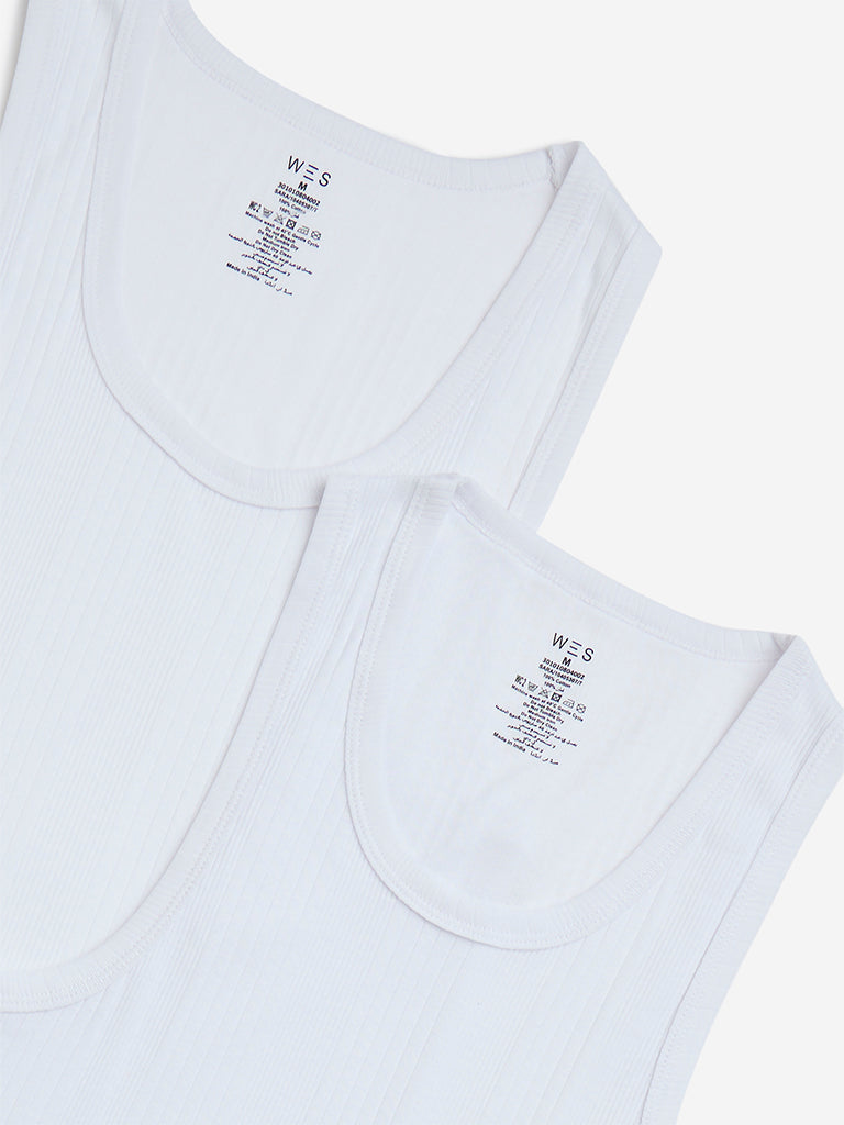 WES Lounge White Self-Textured Cotton Vests - Pack of 2