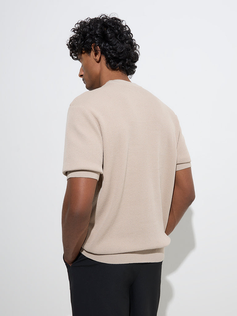 Ascot Taupe Knit-Textured Relaxed-Fit Cotton-Blend T-Shirt