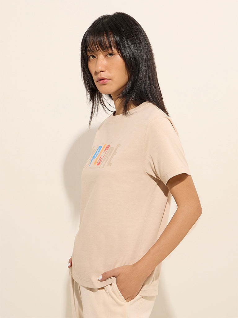 Studiofit Beige Printed Cotton T-Shirt