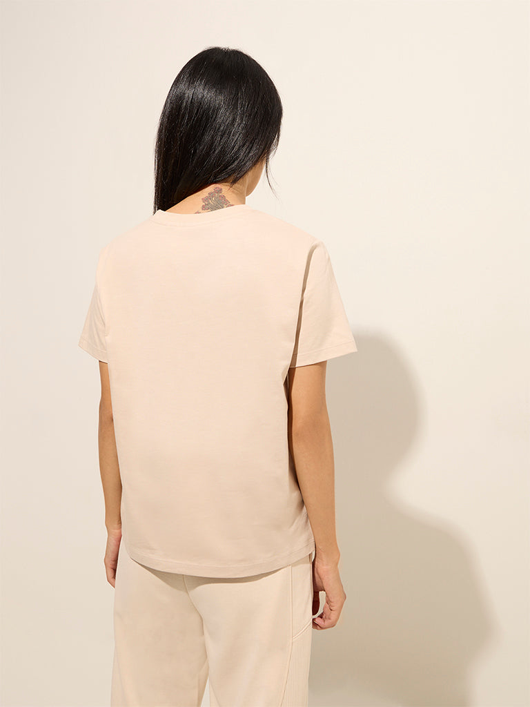 Studiofit Beige Printed Cotton T-Shirt