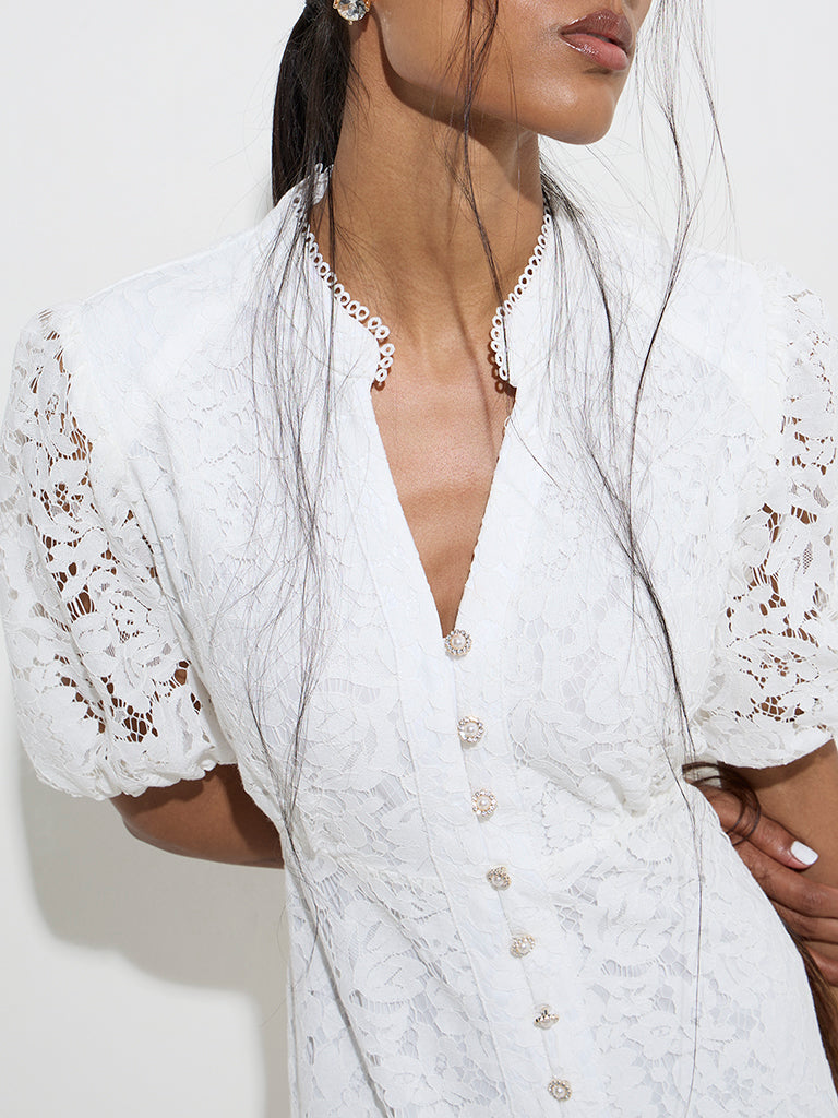 Wardrobe White Lace-Detailed Tiered Dress