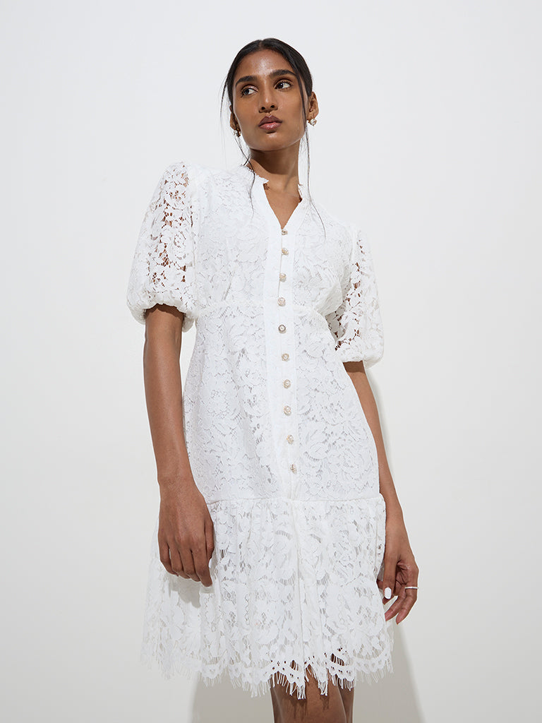 Wardrobe White Lace-Detailed Tiered Dress