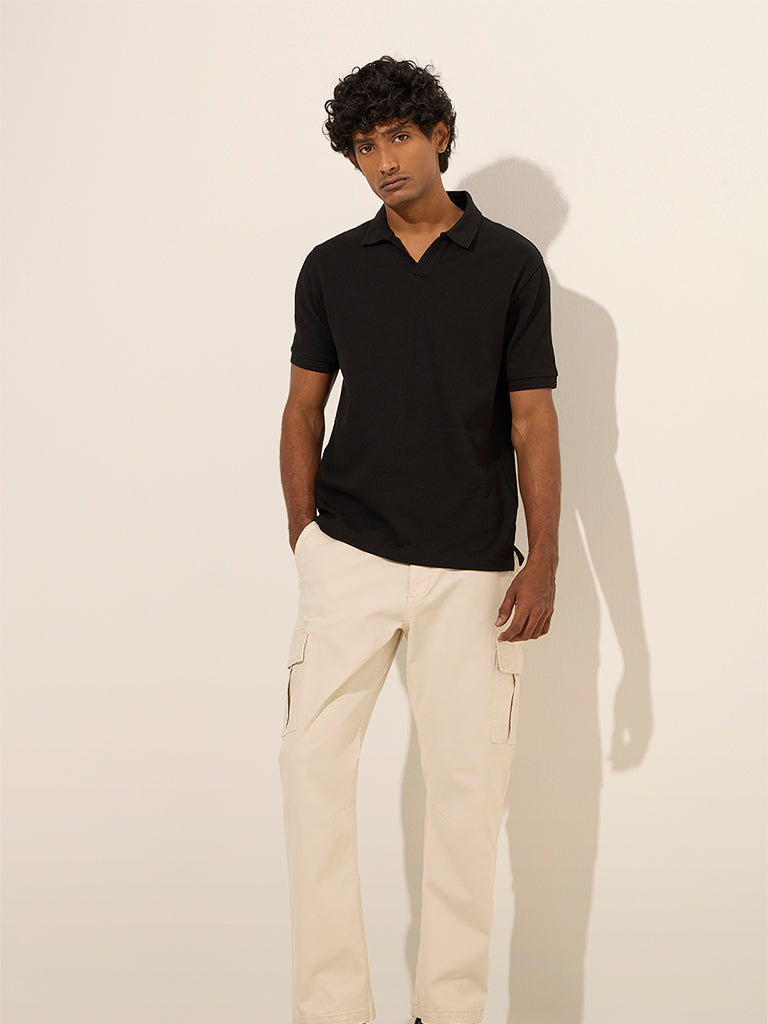 WES Casuals Black Ribbed Relaxed-Fit Cotton-Blend Polo T-Shirt