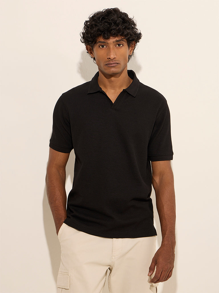 WES Casuals Black Ribbed Relaxed-Fit Cotton-Blend Polo T-Shirt