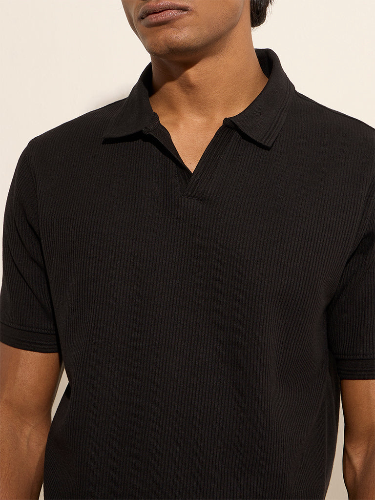 WES Casuals Black Ribbed Relaxed-Fit Cotton-Blend Polo T-Shirt