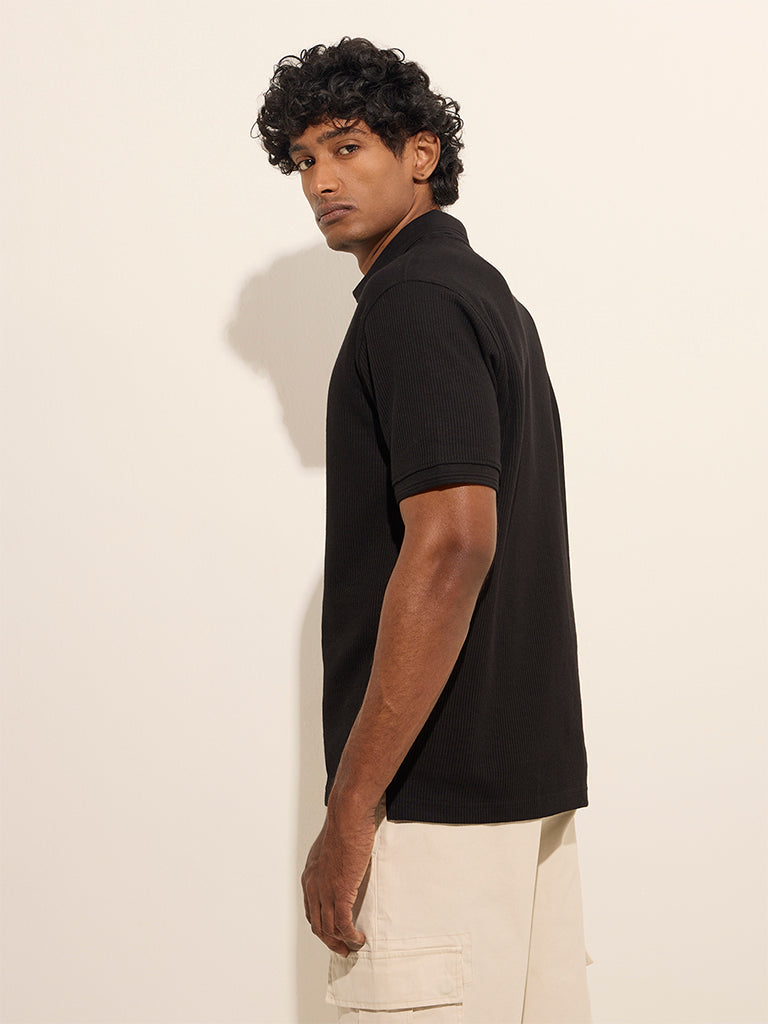 WES Casuals Black Ribbed Relaxed-Fit Cotton-Blend Polo T-Shirt