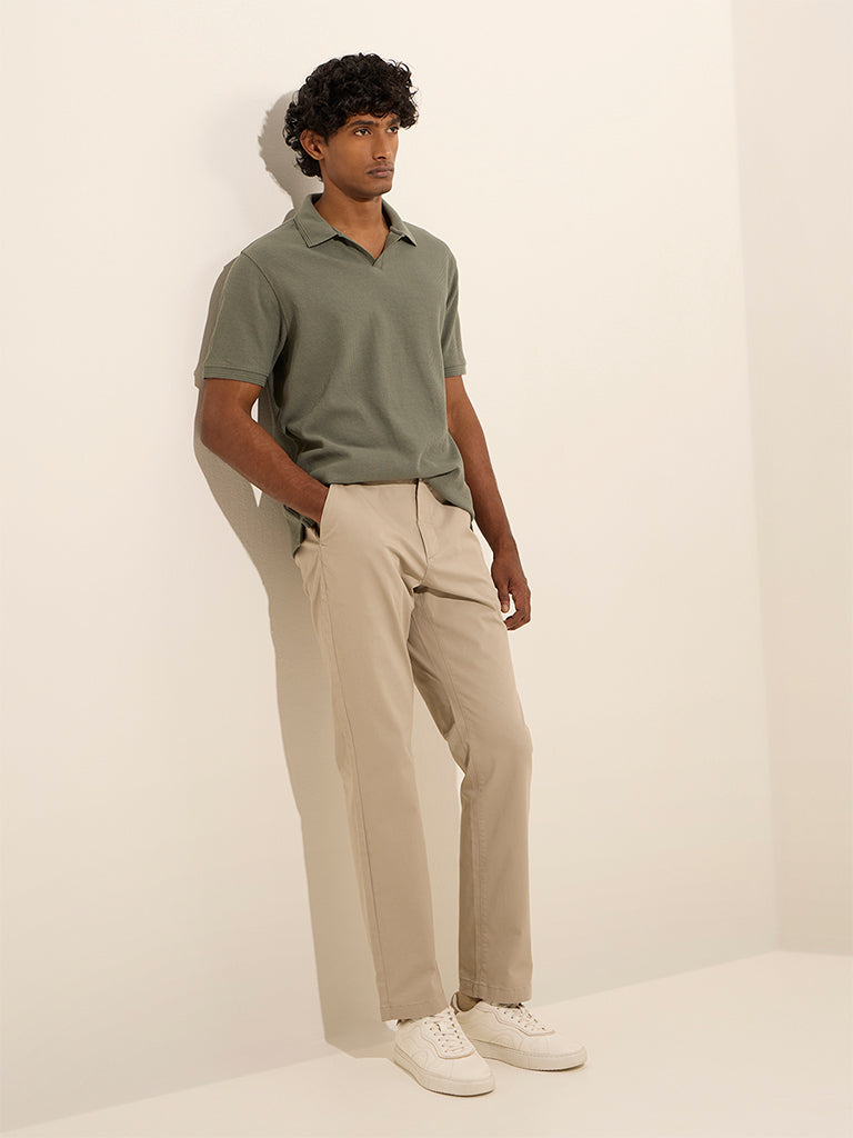 WES Casuals Olive Ribbed Relaxed-Fit Cotton-Blend Polo T-Shirt