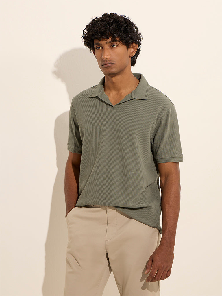 WES Casuals Olive Ribbed Relaxed-Fit Cotton-Blend Polo T-Shirt