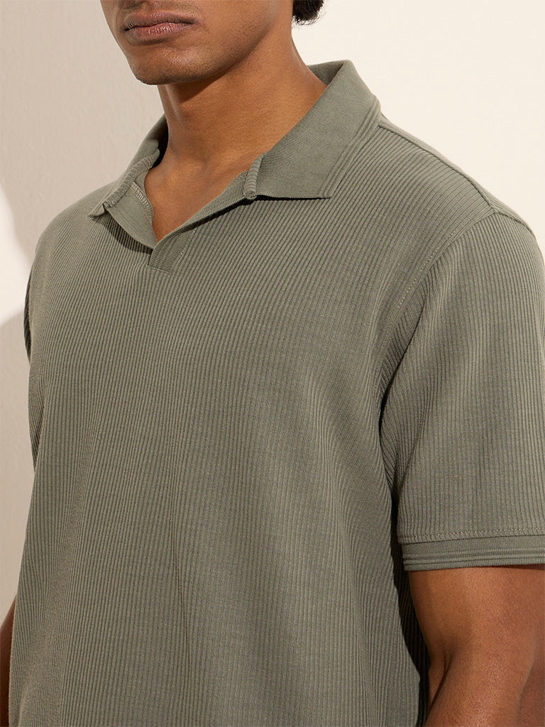 WES Casuals Olive Ribbed Relaxed-Fit Cotton-Blend Polo T-Shirt