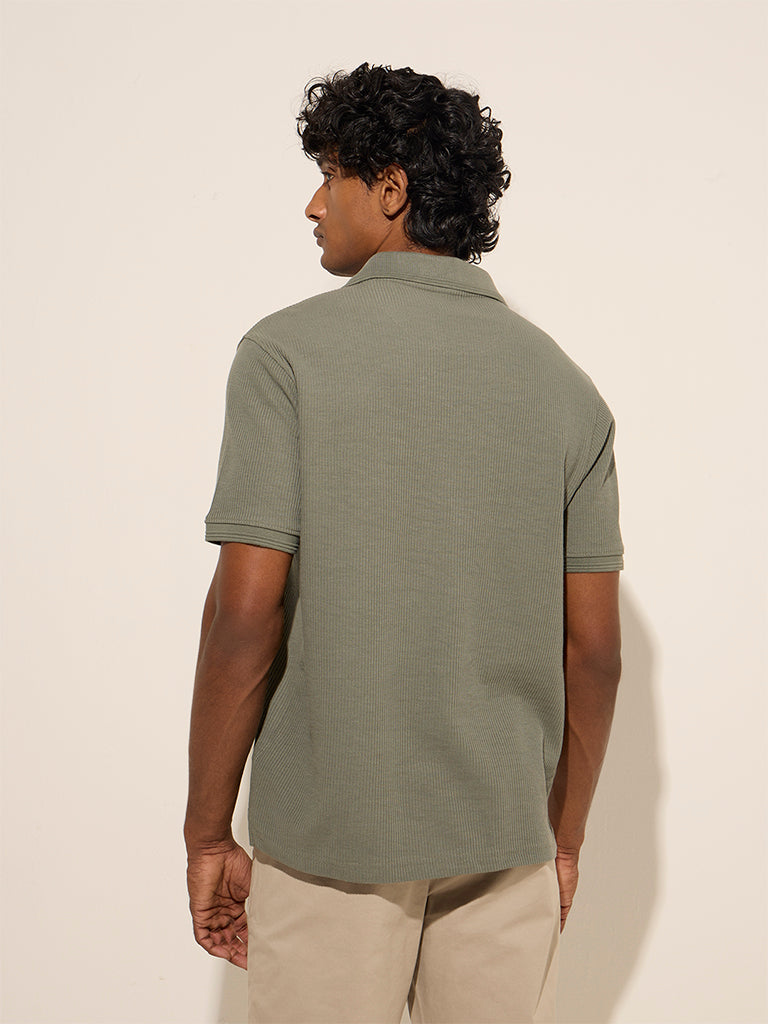 WES Casuals Olive Ribbed Relaxed-Fit Cotton-Blend Polo T-Shirt