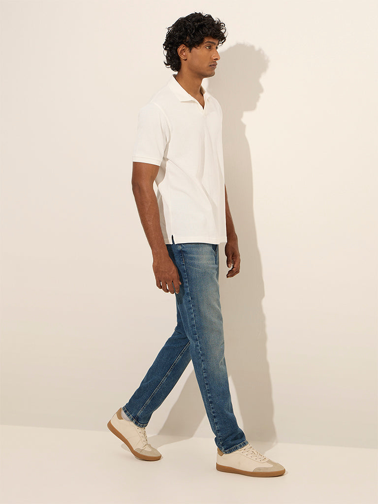 WES Casuals White Ribbed Relaxed-Fit Cotton-Blend Polo T-Shirt