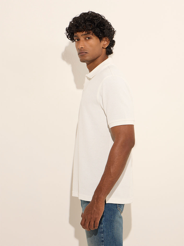 WES Casuals White Ribbed Relaxed-Fit Cotton-Blend Polo T-Shirt