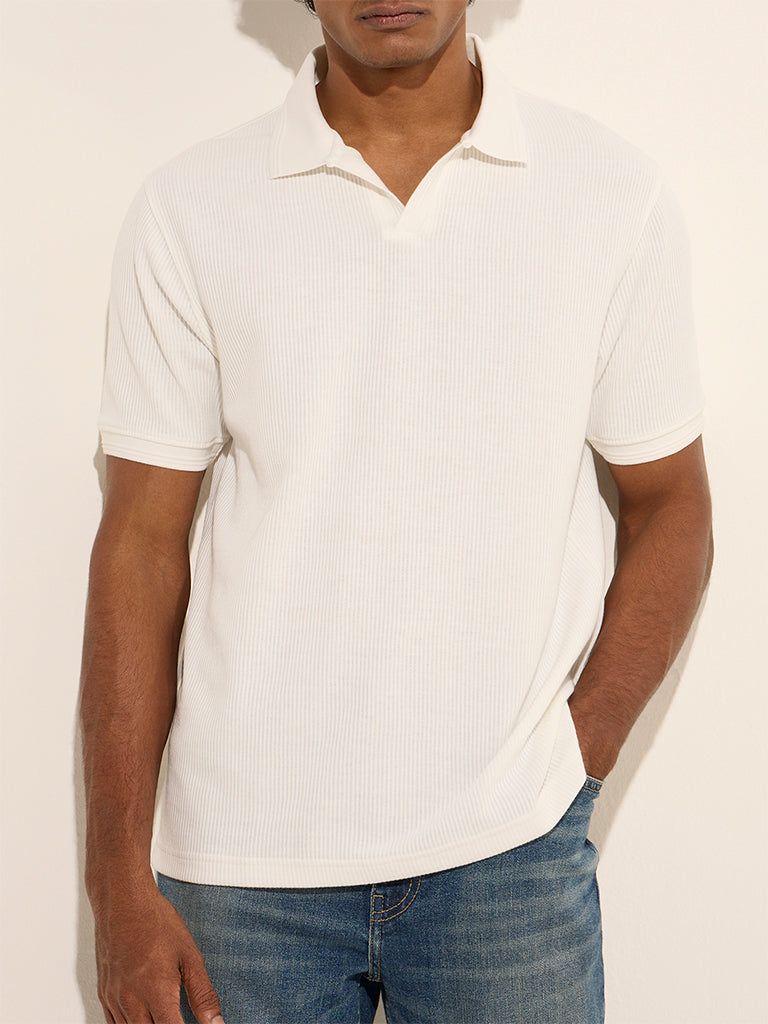 WES Casuals White Ribbed Relaxed-Fit Cotton-Blend Polo T-Shirt