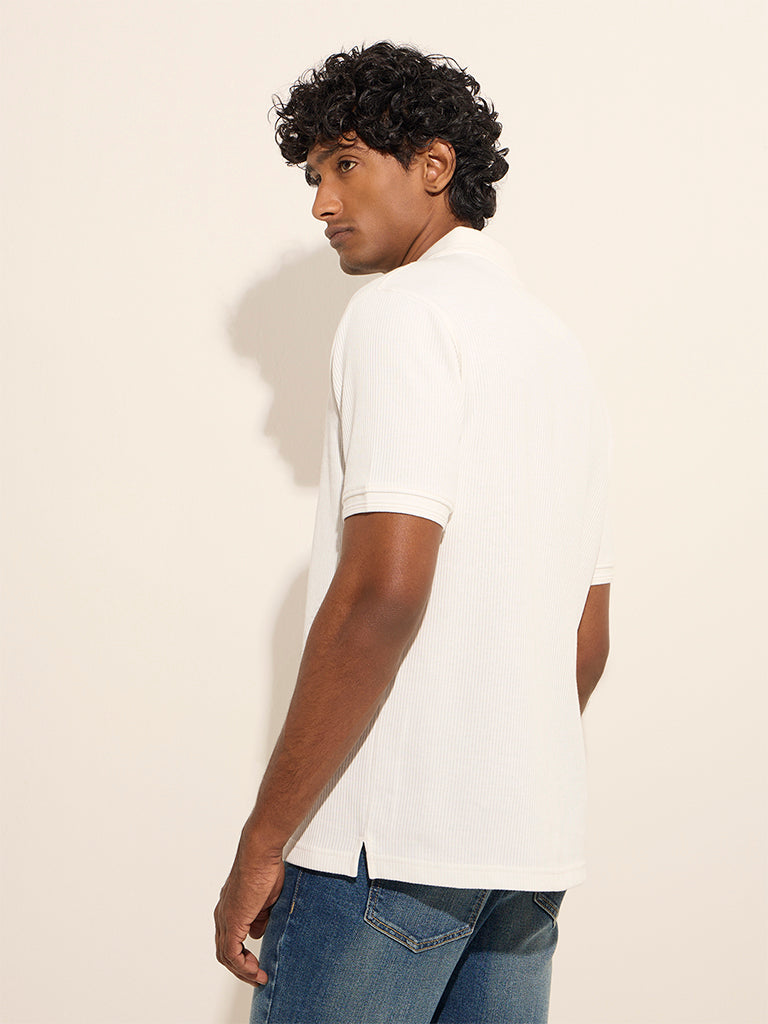 WES Casuals White Ribbed Relaxed-Fit Cotton-Blend Polo T-Shirt