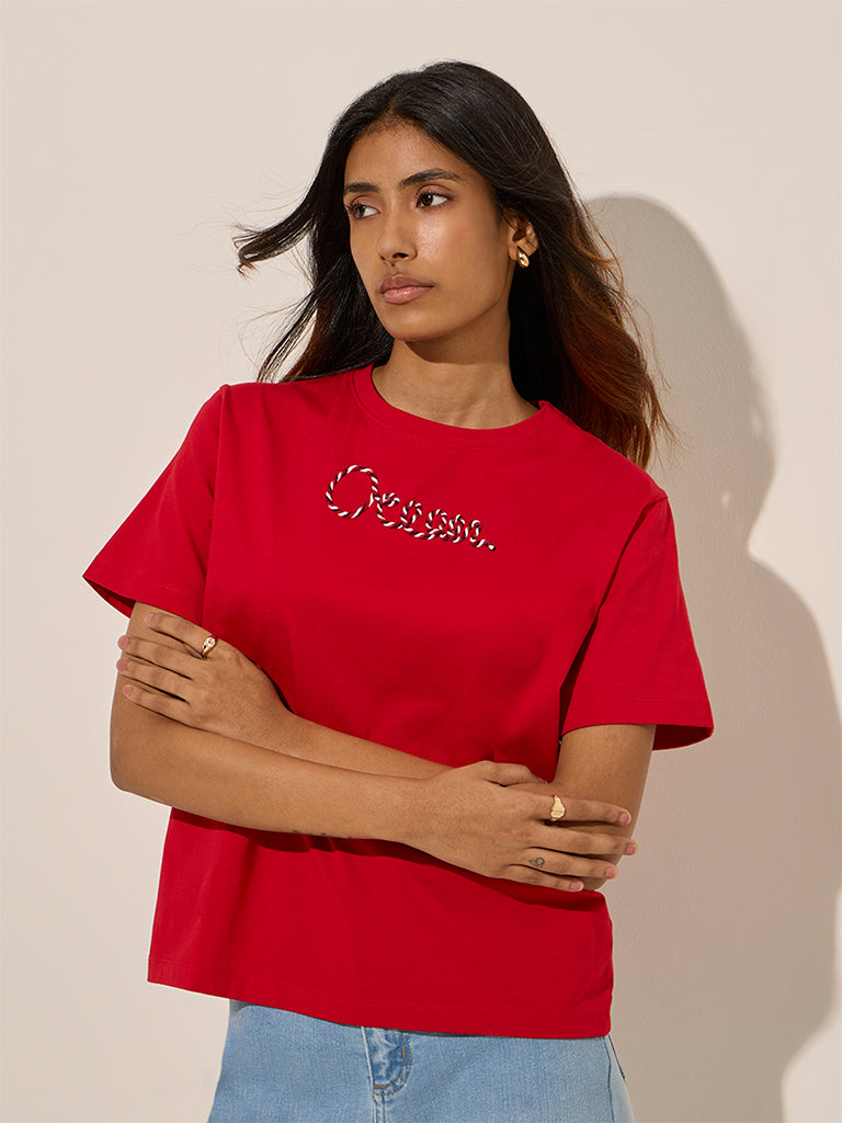 LOV Red Text Design Cotton T-Shirt