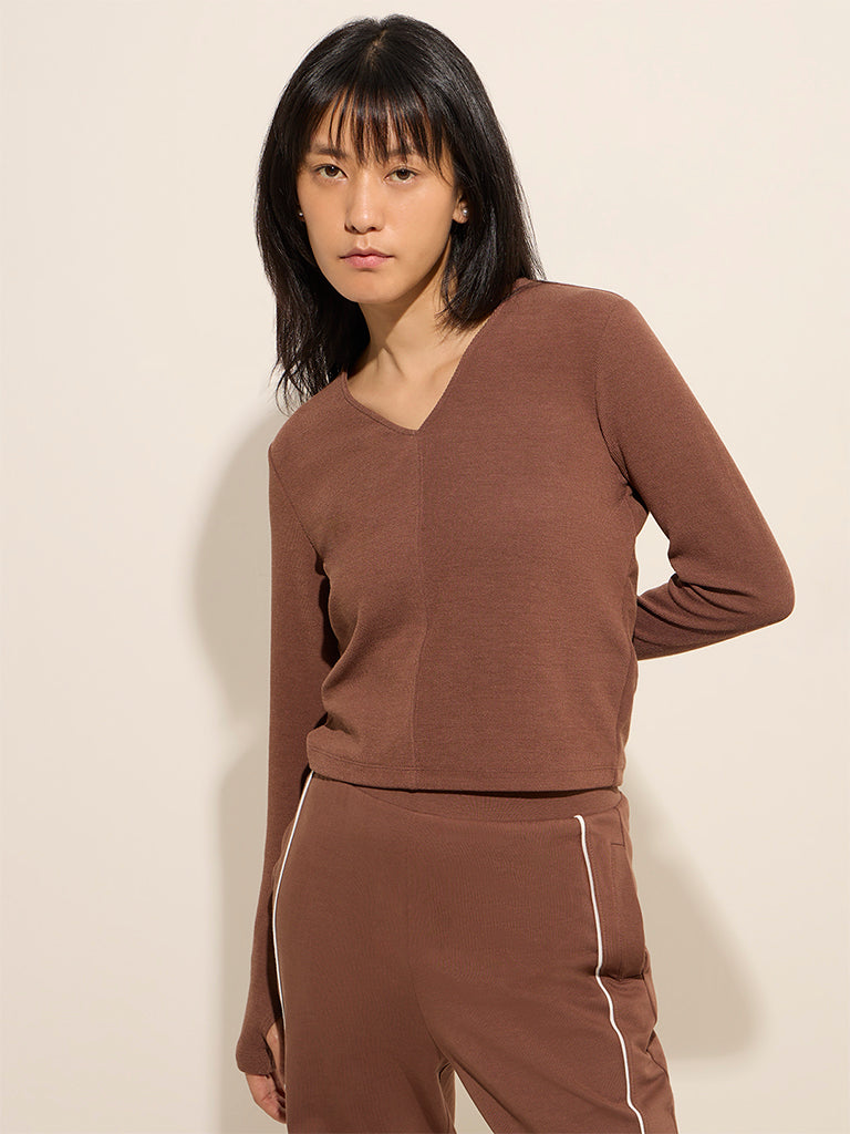 Studiofit Brown Solid Cotton Top