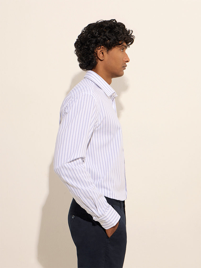 WES Formals White Stripe Printed Relaxed-Fit Cotton Shirt