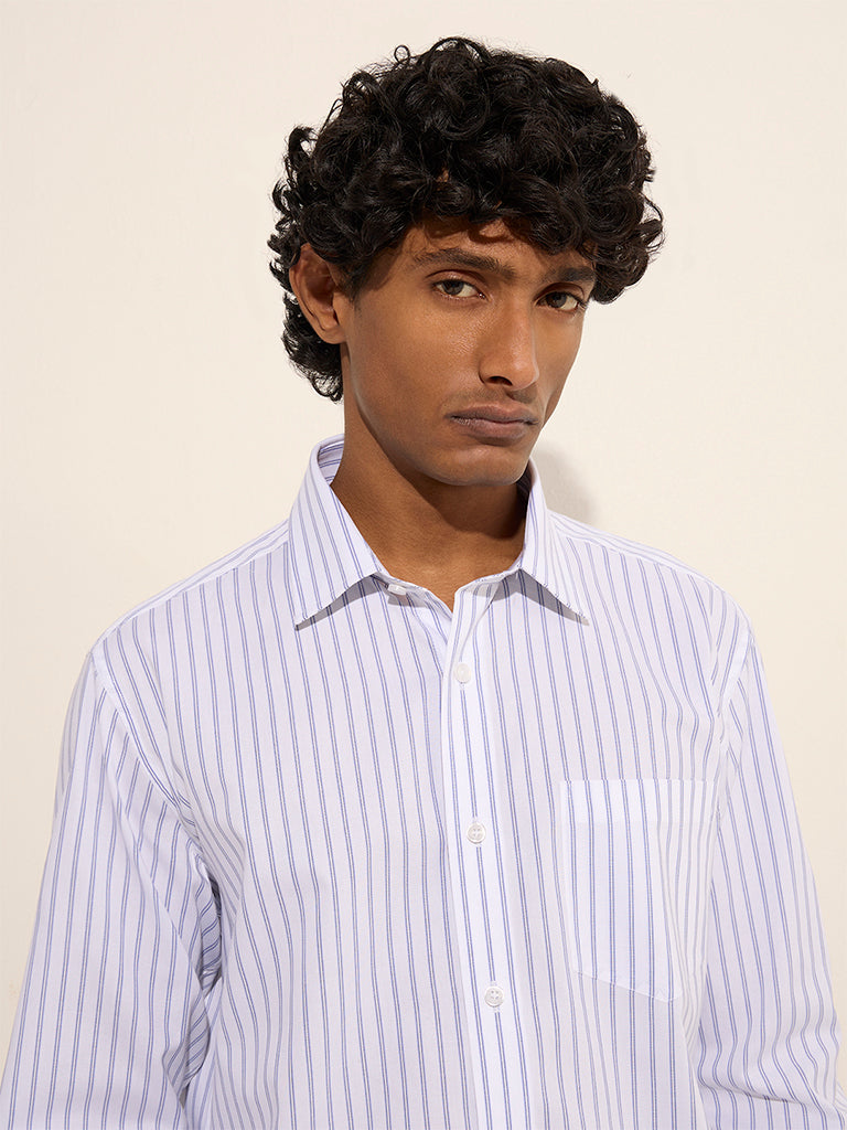 WES Formals White Stripe Printed Relaxed-Fit Cotton Shirt