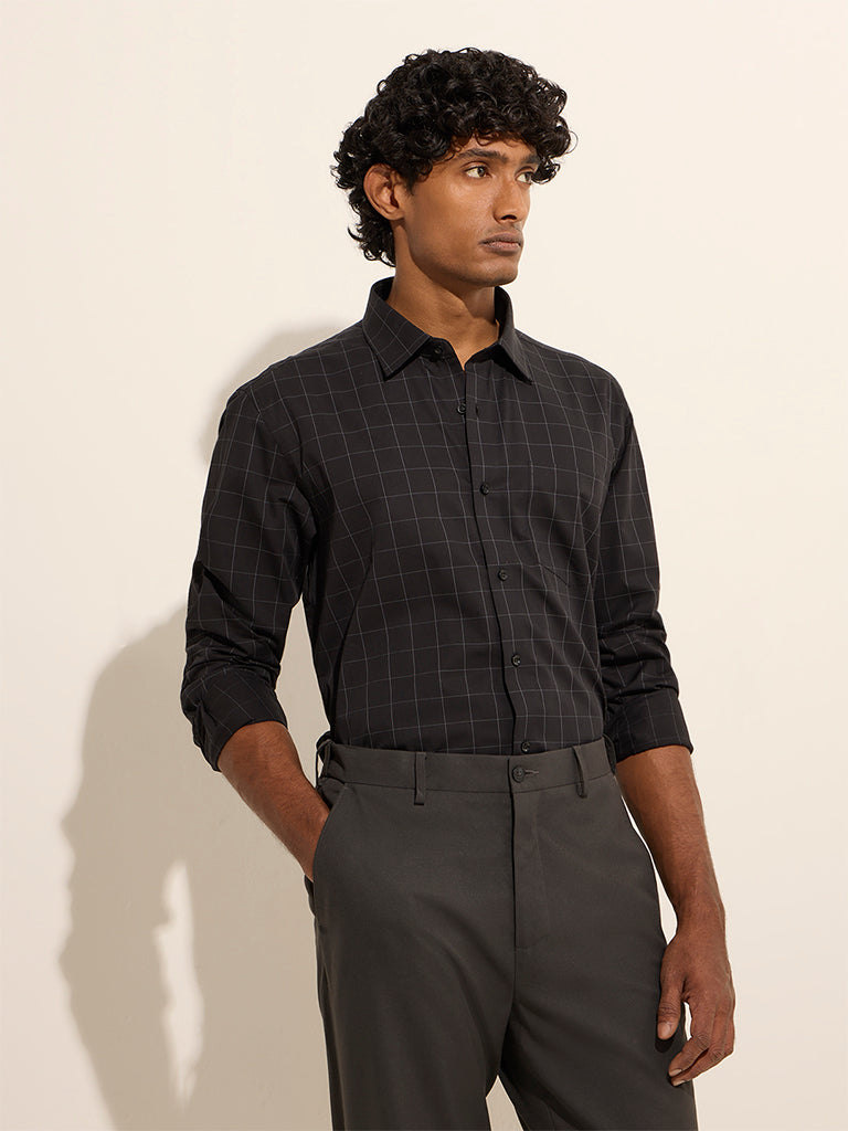 WES Formals Black Checkered Slim-Fit Cotton Shirt