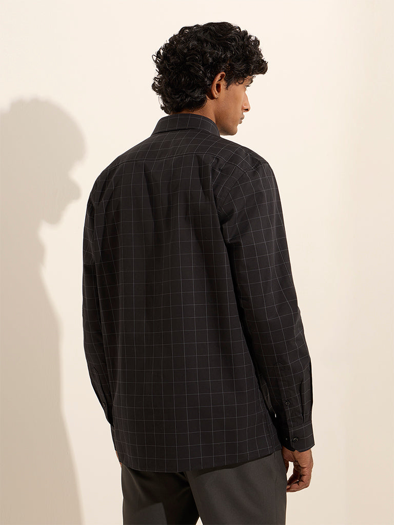 WES Formals Black Checkered Slim-Fit Cotton Shirt