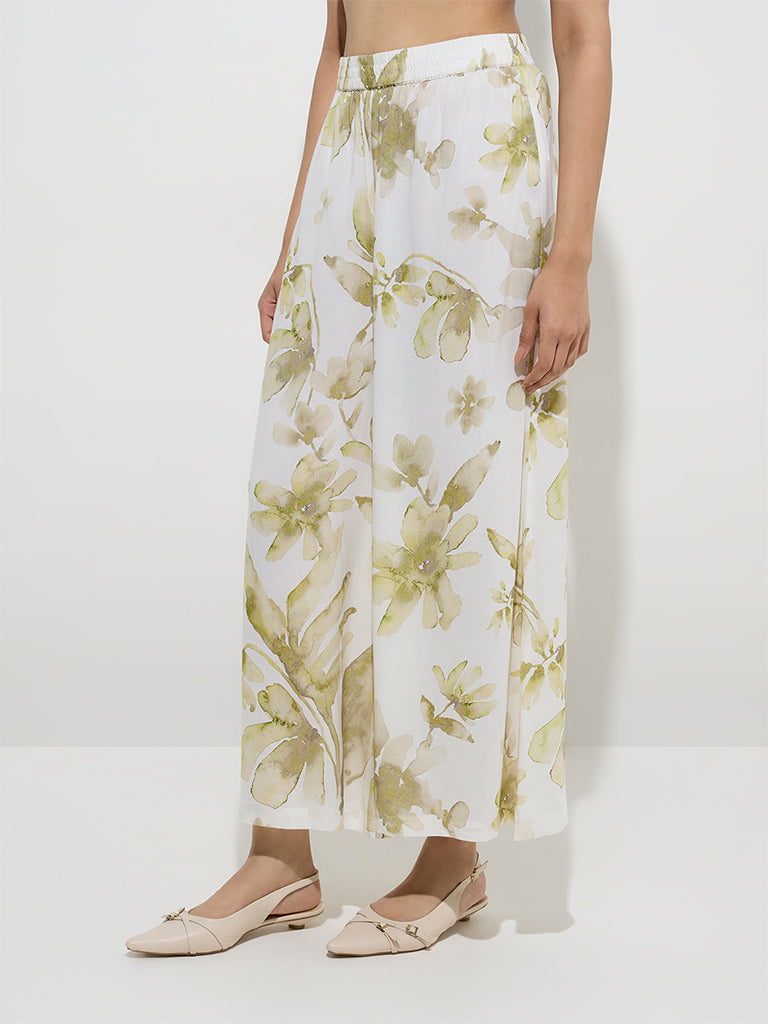 Westside Zuba Women's Green Floral Printed Palazzos for Work Wear Front View
