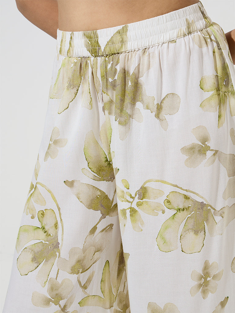 Westside Zuba Women's Green Floral Printed Palazzos for Work Wear Zoomed View