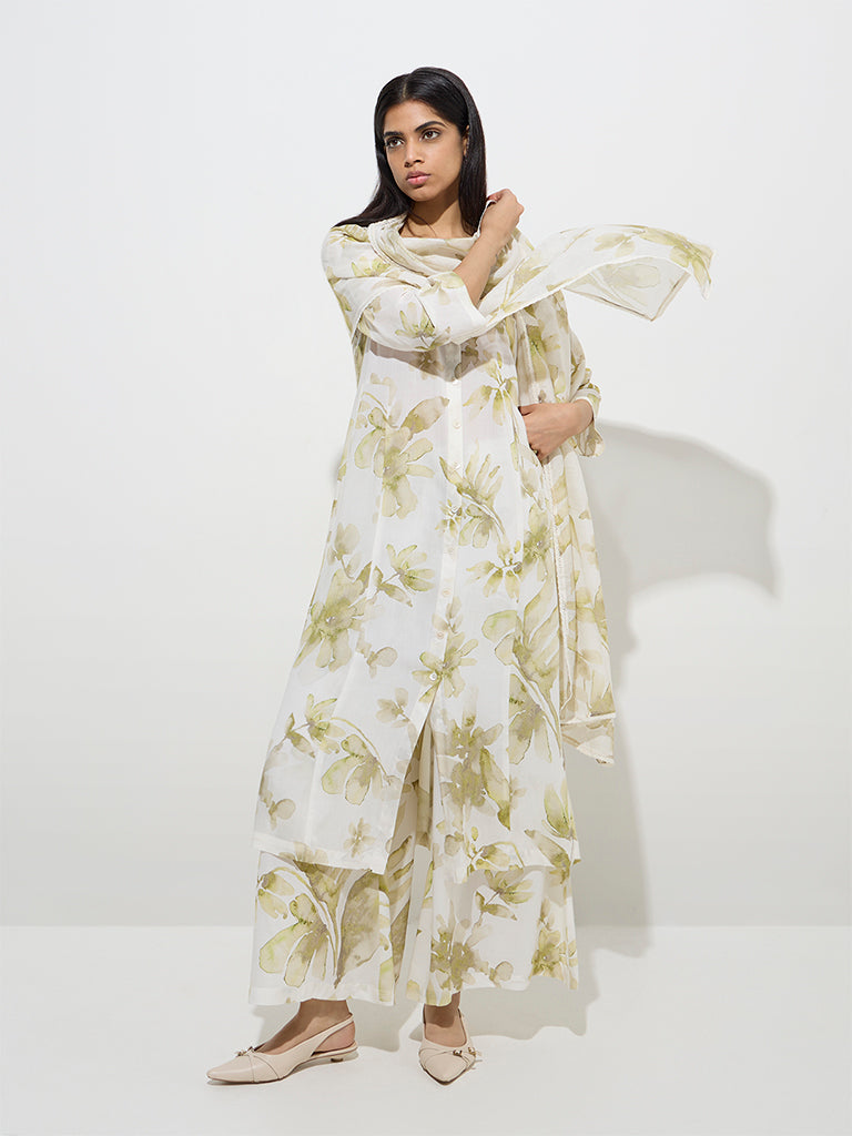 Westside Zuba Women's Green Floral Design A-Line Kurta for Work Wear Front View