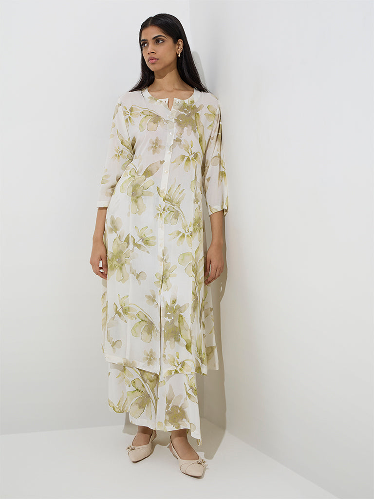 Westside Zuba Women's Green Floral Design A-Line Kurta for Work Wear Front View
