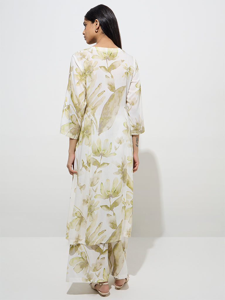 Westside Zuba Women's Green Floral Design A-Line Kurta for Work Wear Back View