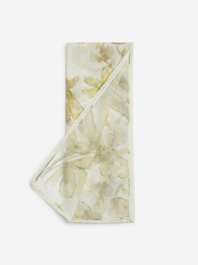 Westside Zuba Women's Green Floral Design Stole for Work Wear Flatlay Front View