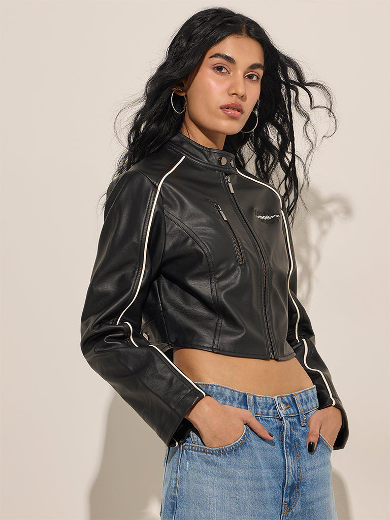 Nuon Black Text Design Faux-Leather Crop Jacket