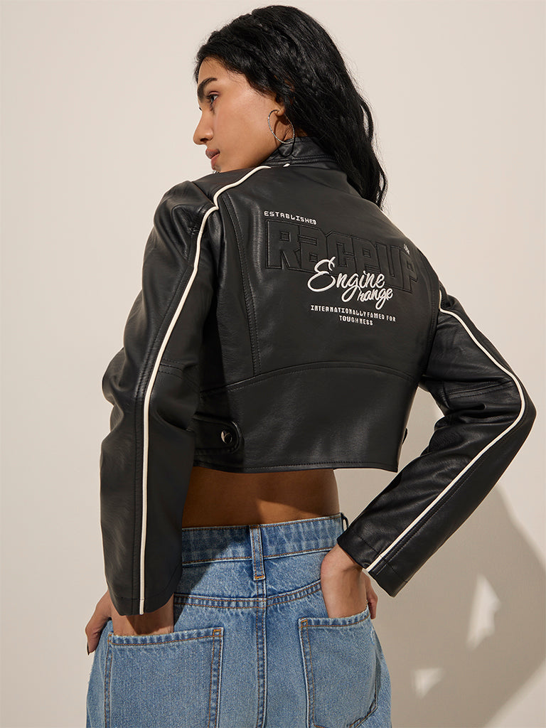 Nuon Black Text Design Faux-Leather Crop Jacket