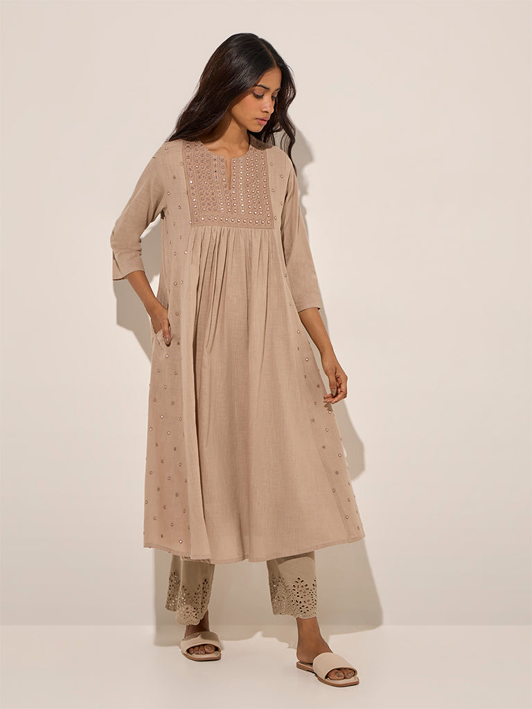 Utsa Taupe Mirror Embroidered Cotton A-Line Kurta