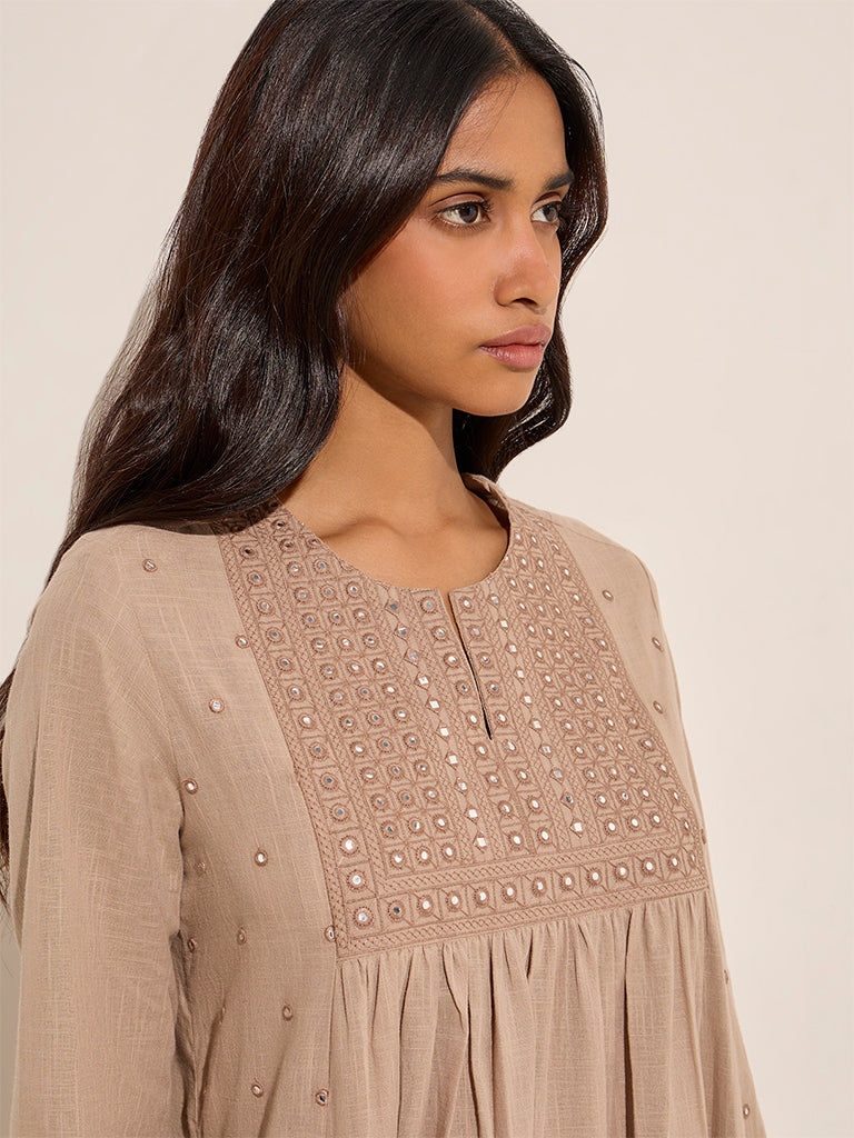 Utsa Taupe Mirror Embroidered Cotton A-Line Kurta