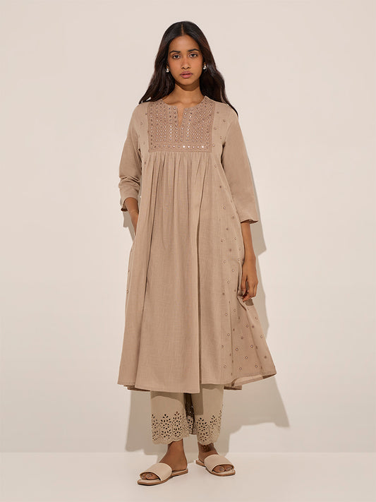 Utsa Taupe Mirror Embroidered Cotton A-Line Kurta