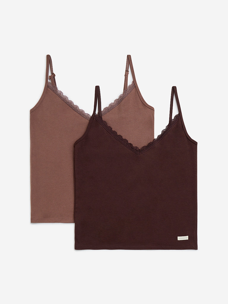 Superstar Brown Lace-Detailed Cotton-Blend Camisole - Pack of 2