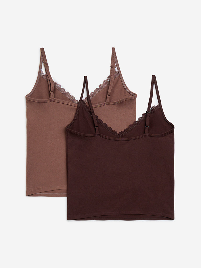 Superstar Brown Lace-Detailed Cotton-Blend Camisole - Pack of 2