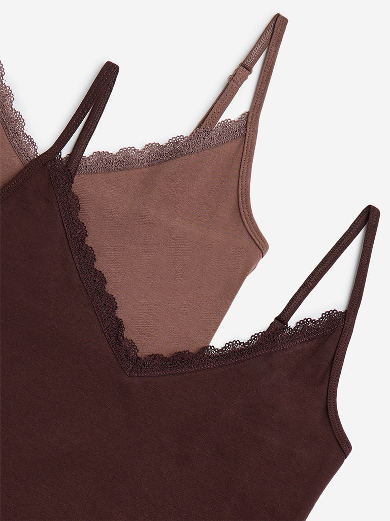 Superstar Brown Lace-Detailed Cotton-Blend Camisole - Pack of 2