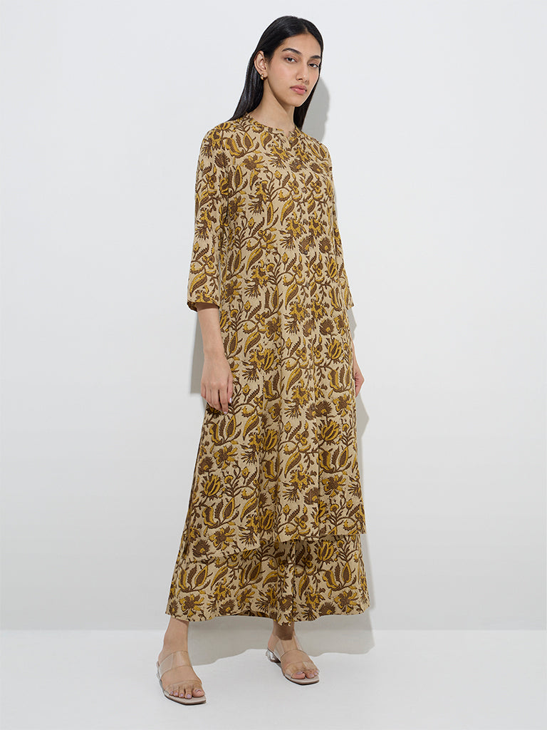 Utsa Mustard Foliage Pattern A-Line Kurta