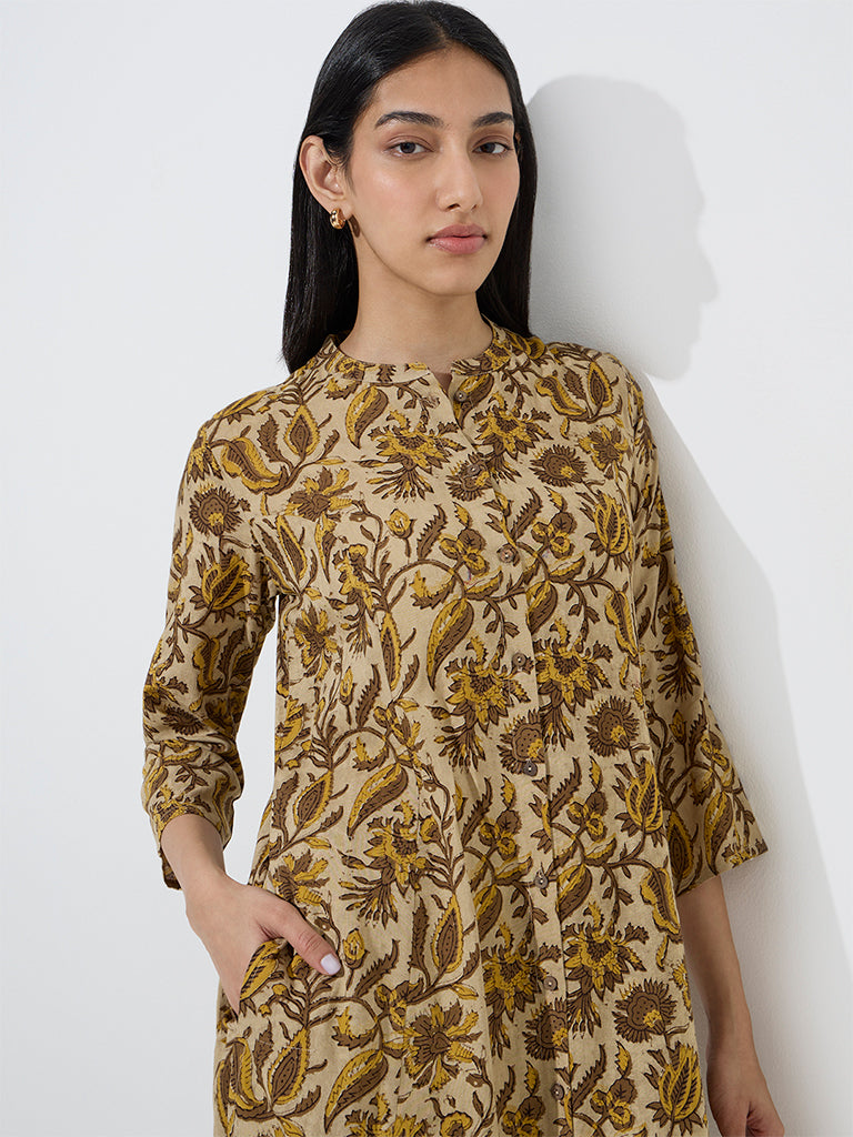 Utsa Mustard Foliage Pattern A-Line Kurta