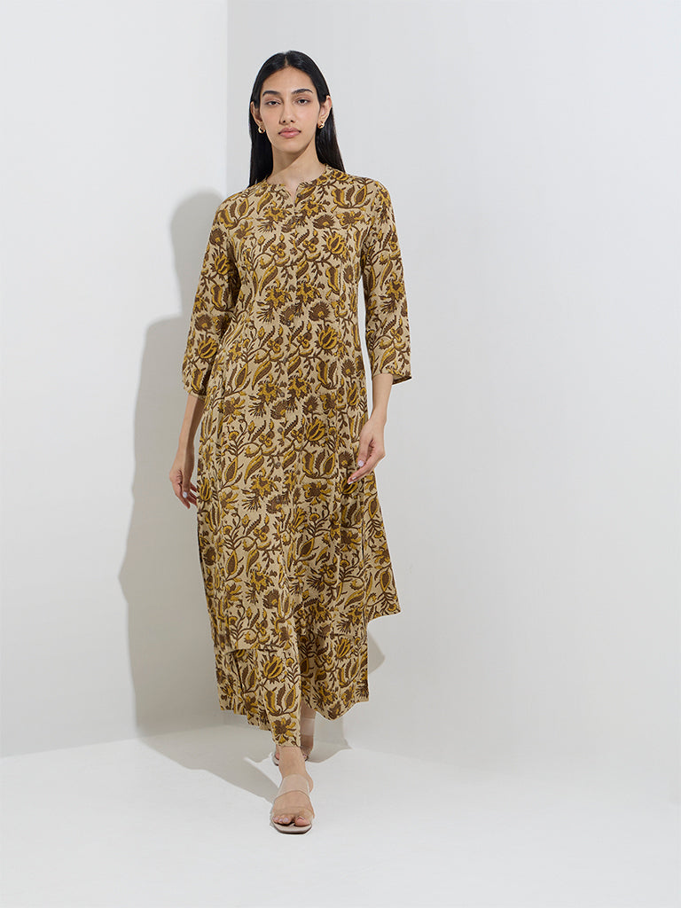 Utsa Mustard Foliage Pattern A-Line Kurta