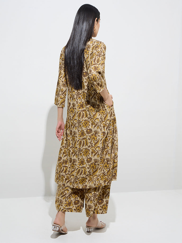 Utsa Mustard Foliage Pattern A-Line Kurta