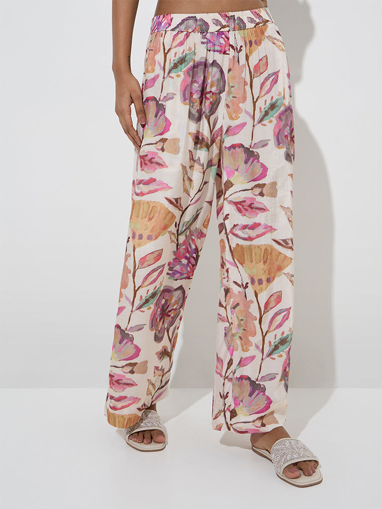 Utsa Multicolour Foliage Design Cotton Palazzos