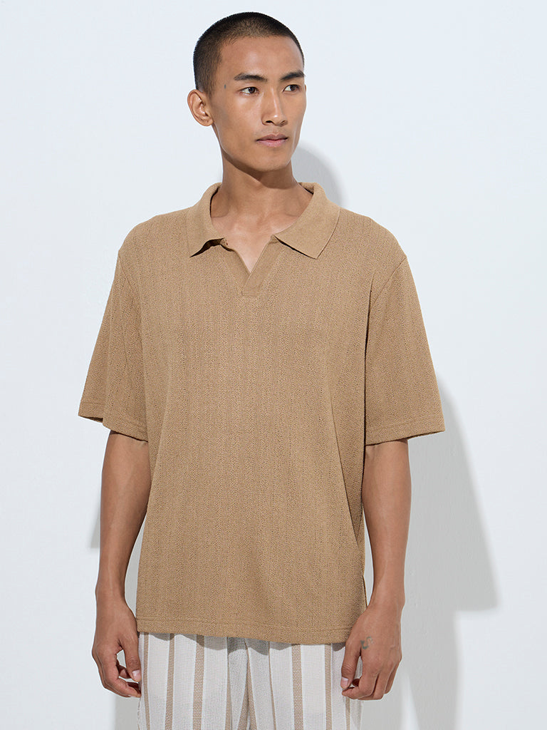 ETA Light Brown Knit-Textured Relaxed-Fit Polo T-Shirt