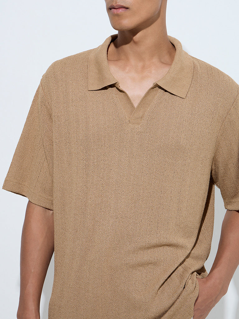 ETA Light Brown Knit-Textured Relaxed-Fit Polo T-Shirt