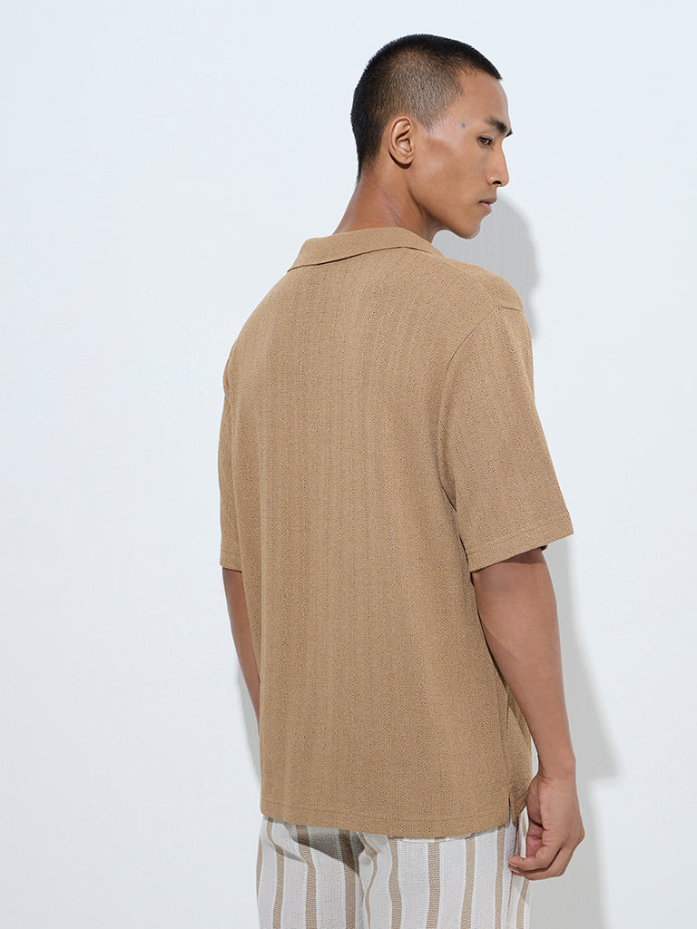 ETA Light Brown Knit-Textured Relaxed-Fit Polo T-Shirt