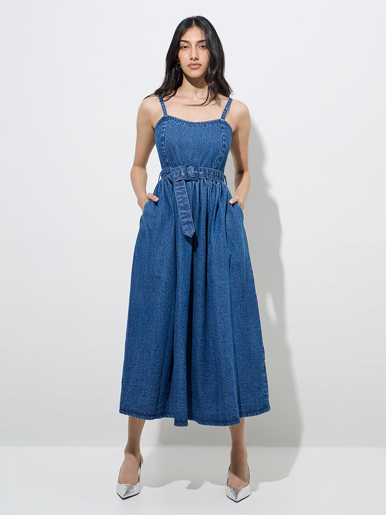 LOV Blue Denim A-Line Dress with Belt